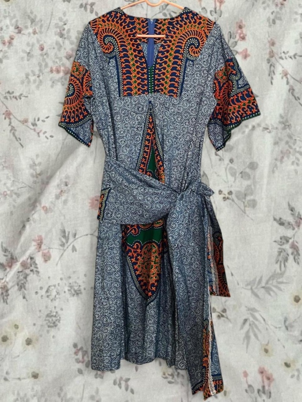 Vintage 60s Caftan Muumuu with Scarf Tie Cotton Kaftan Block Print Pockets Midi